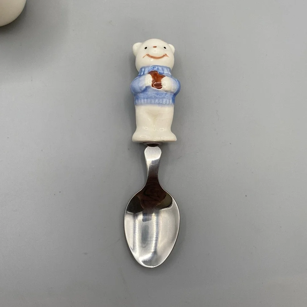 Vintage Ceramic Egg Cup Spoon Figural Teddy Bear‎ Childrens Taiwan